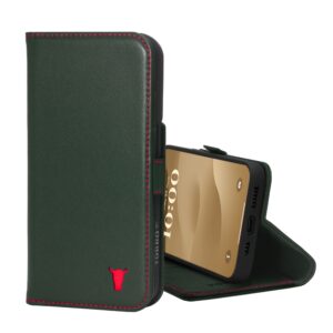 TORRO iPhone 15 Leather Wallet Case (with Stand Function) - Green with Red Detail GBP39.99