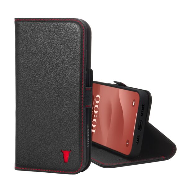 TORRO iPhone 15 Plus Leather Wallet Case (with Stand Function) - Black with Red Detail GBP39.99