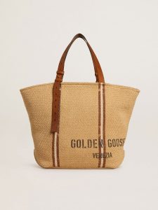 Golden Goose - 24.7 Tote Bag In Natural Raffia And Brown Leather With Gold Metallic Details, Woman, Size: U