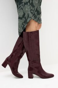 Lts Burgundy Red Patent Knee High Block Boots In Standard Fit Size 10