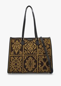 MY BEST BAG Brown & Mustard Embossed Crochet & Leather Tote Bag 