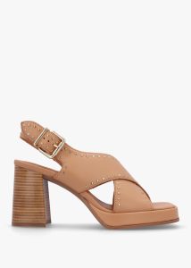 ALPE Clancy Tan Leather Studded Platform Block Heel Sandals 