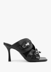 DANIEL Ellen Black Leather Double Buckle Strappy Heeled Sandals 