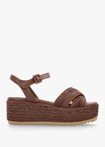 DONNA LEI Ferris Brown Leather Woven Flatform Sandals 