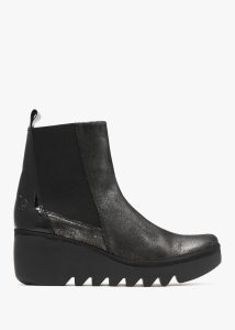 FLY LONDON Bagu Silver Black Leather Wedge Chelsea Boots 