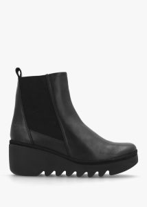 FLY LONDON Bagu Black Leather Wedge Chelsea Boots 
