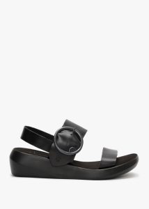 FLY LONDON Bani Black Leather Big Buckle Sandals 