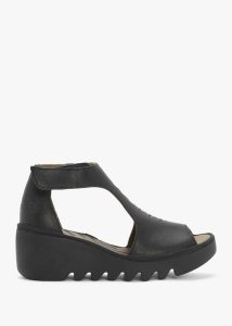 FLY LONDON Bezo Black Leather Wedge Sandals 