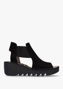 FLY LONDON Biga Black Suede Wedge Sandals 