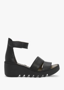 FLY LONDON Bono Black Tumbled Leather Low Wedge Sandals 