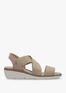 FLY LONDON Noli Taupe Leather Elasticated Low Wedge Sandals 