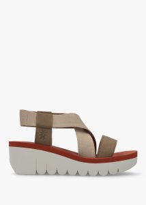 FLY LONDON Yabi Multi Beige Brick Leather Mid Wedge Sandals 