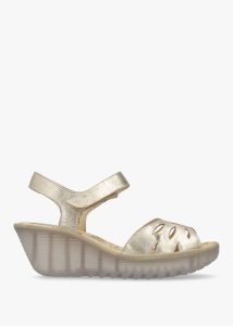 FLY LONDON Yazi Gold Leather Wedge Sandals 