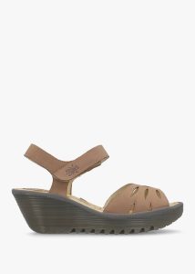 FLY LONDON Yazi Taupe Leather Wedge Sandals 