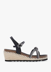 DANIEL Iknot Diamante Knot Black Leather Low Wedge Sandals 