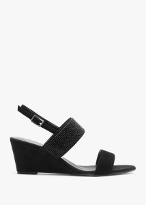 DANIEL Lia Black Suede Diamante Low Wedge Sandals 