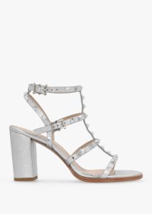DANIEL Pitter Silver Leather Studded Block Heeled Sandals 