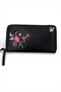 Hummingbird Embroidered Leather Zip Purse